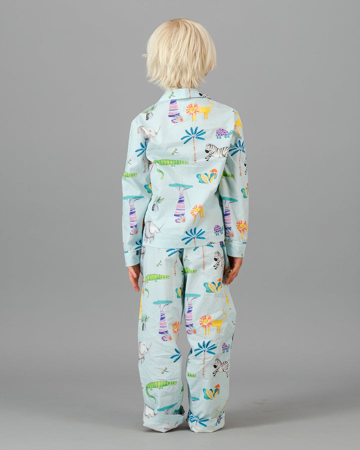 Kids Boys Long Pyjamas Set Safari Blue Back - Woodstock Laundry