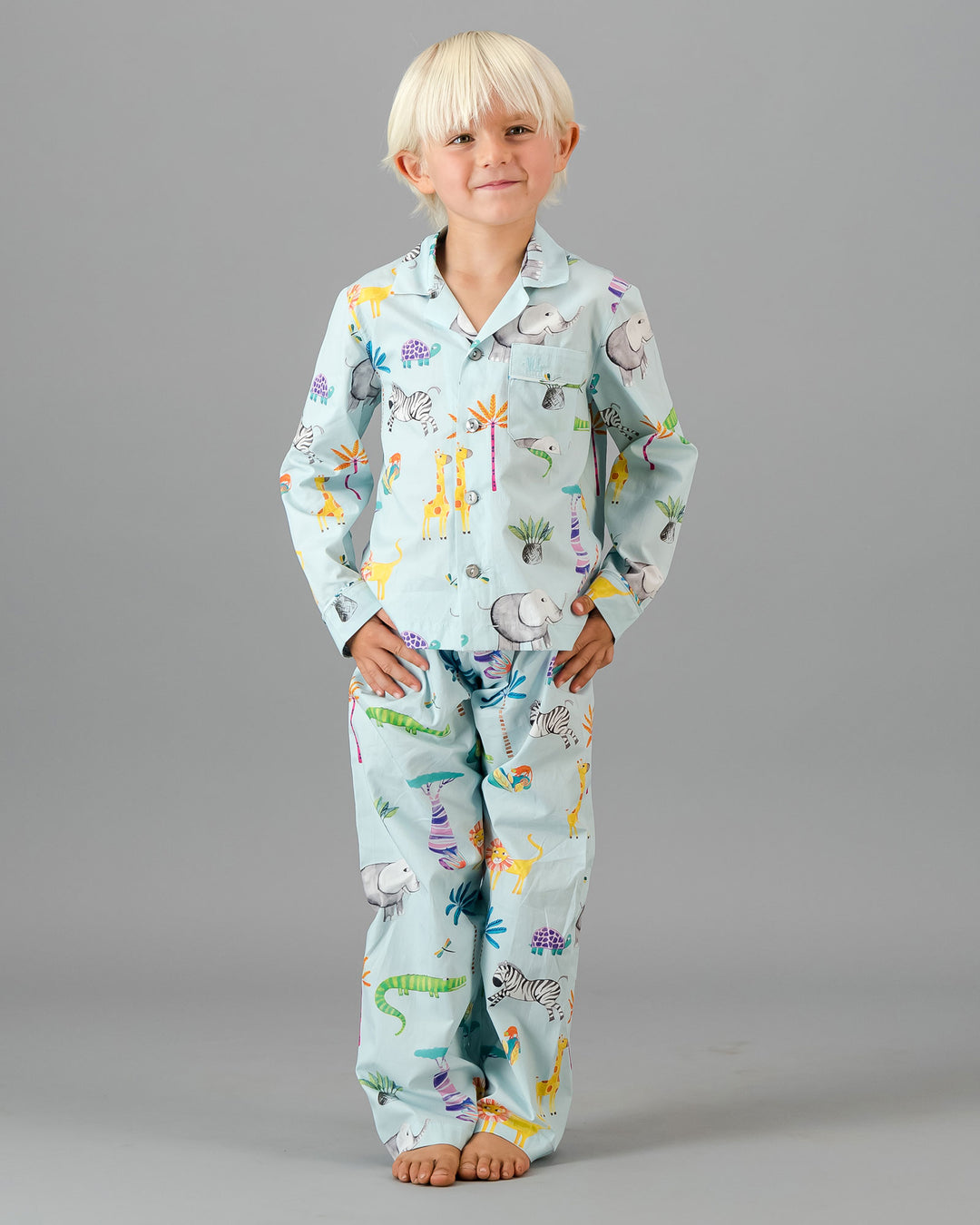 Kids Boys Long Pyjamas Set Safari Blue Front - Woodstock Laundry