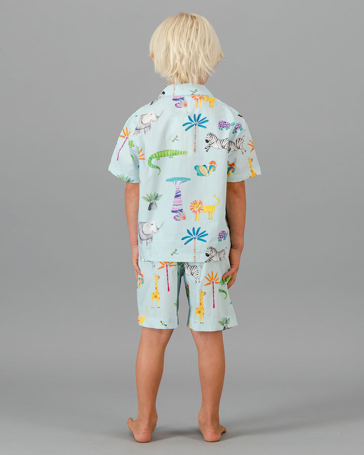 Kids Boys Short Pyjamas Set Safari Blue Back - Woodstock Laundry