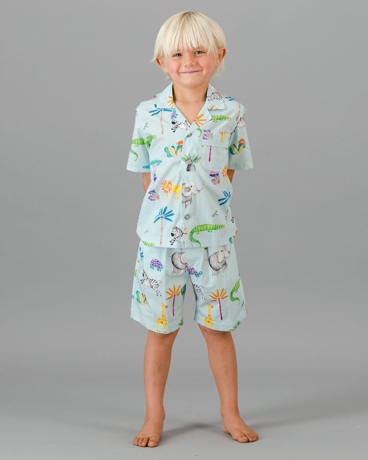 Kids Boys Short Pyjamas Set Safari Blue Front - Woodstock Laundry
