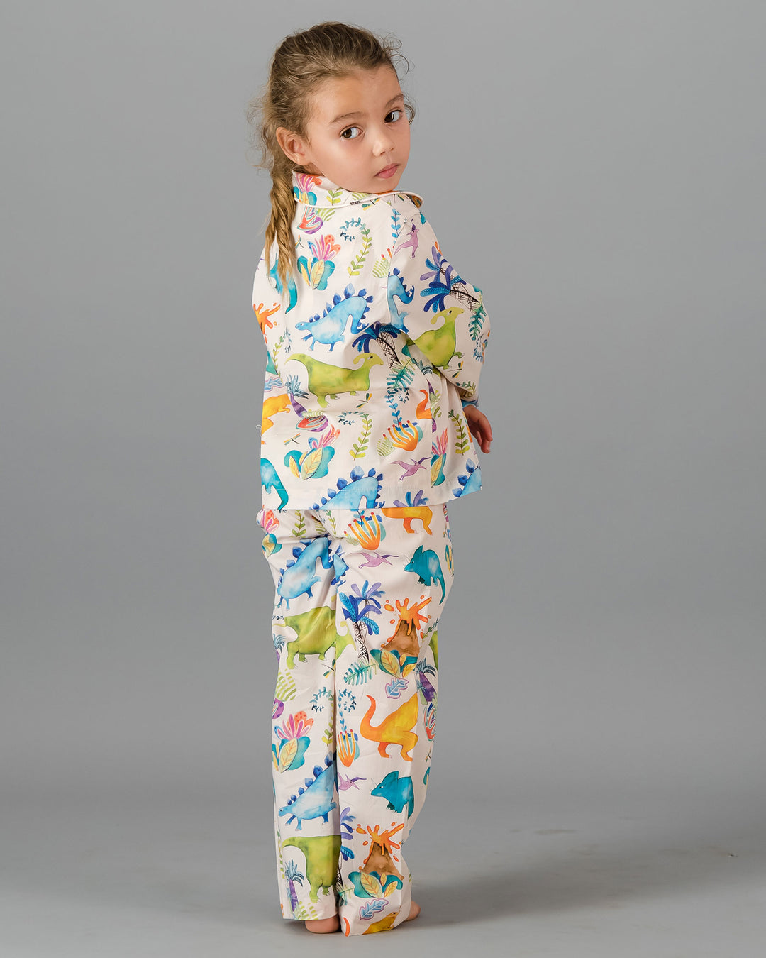 Kids Girls Long Pyjamas Set Dinosaurs Pink Back - Woodstock Laundry