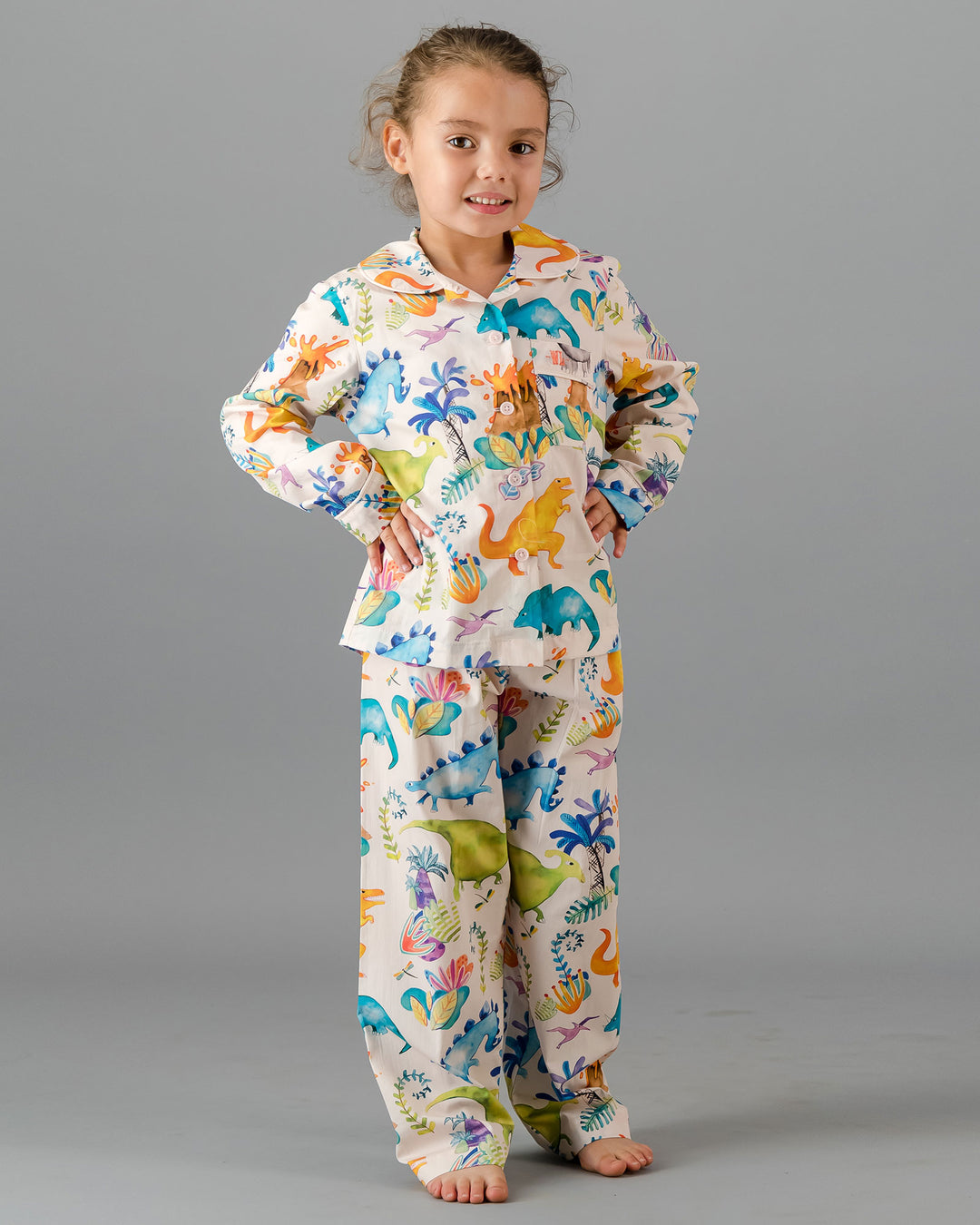 Kids Girls Long Pyjamas Set Dinosaurs Pink Front - Woodstock Laundry
