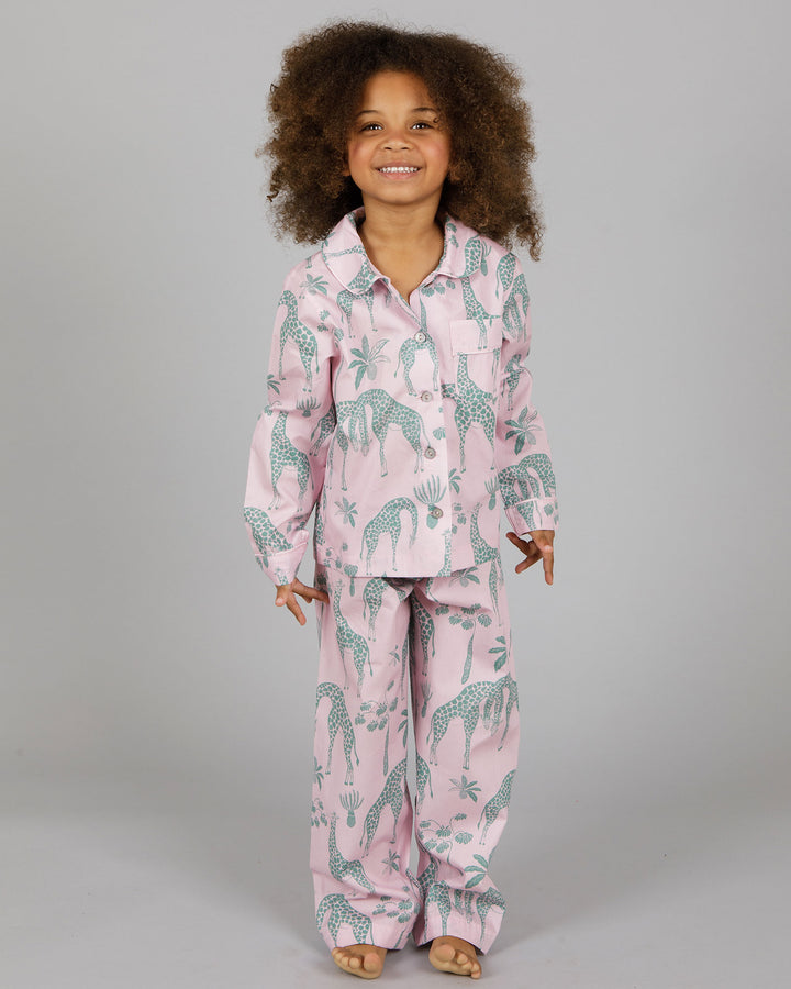 Girls Long Pyjamas - Pink Giraffes