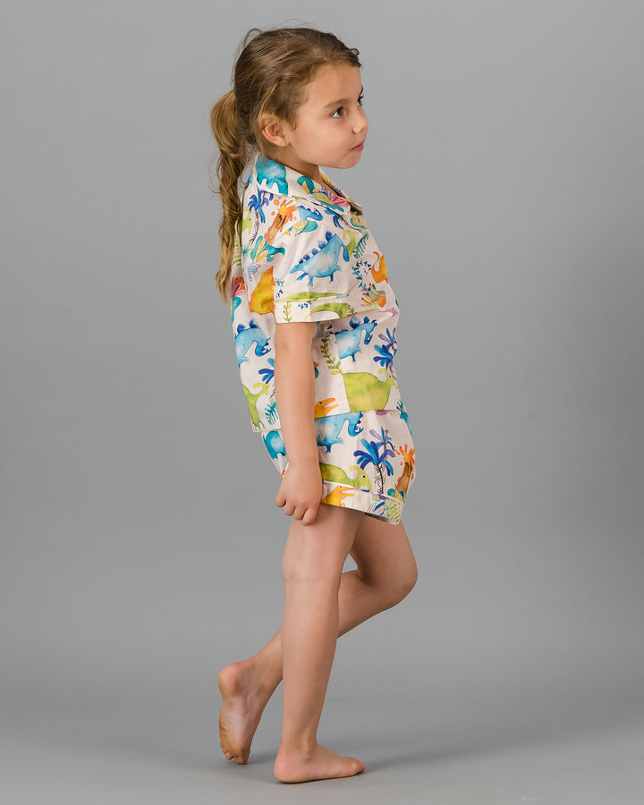 Kids Girls Short Pyjamas Set Dinosaurs Pink Back - Woodstock Laundry