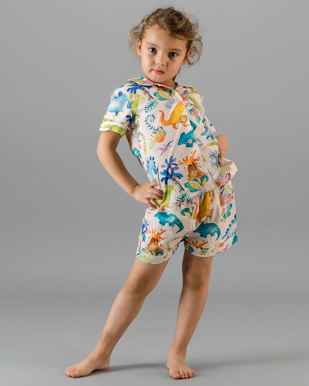 Kids Girls Short Pyjamas Set Dinosaurs Pink Front - Woodstock Laundry