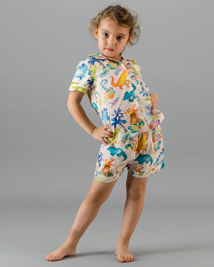 Kids Girls Short Pyjamas Set Dinosaurs Pink Front - Woodstock Laundry
