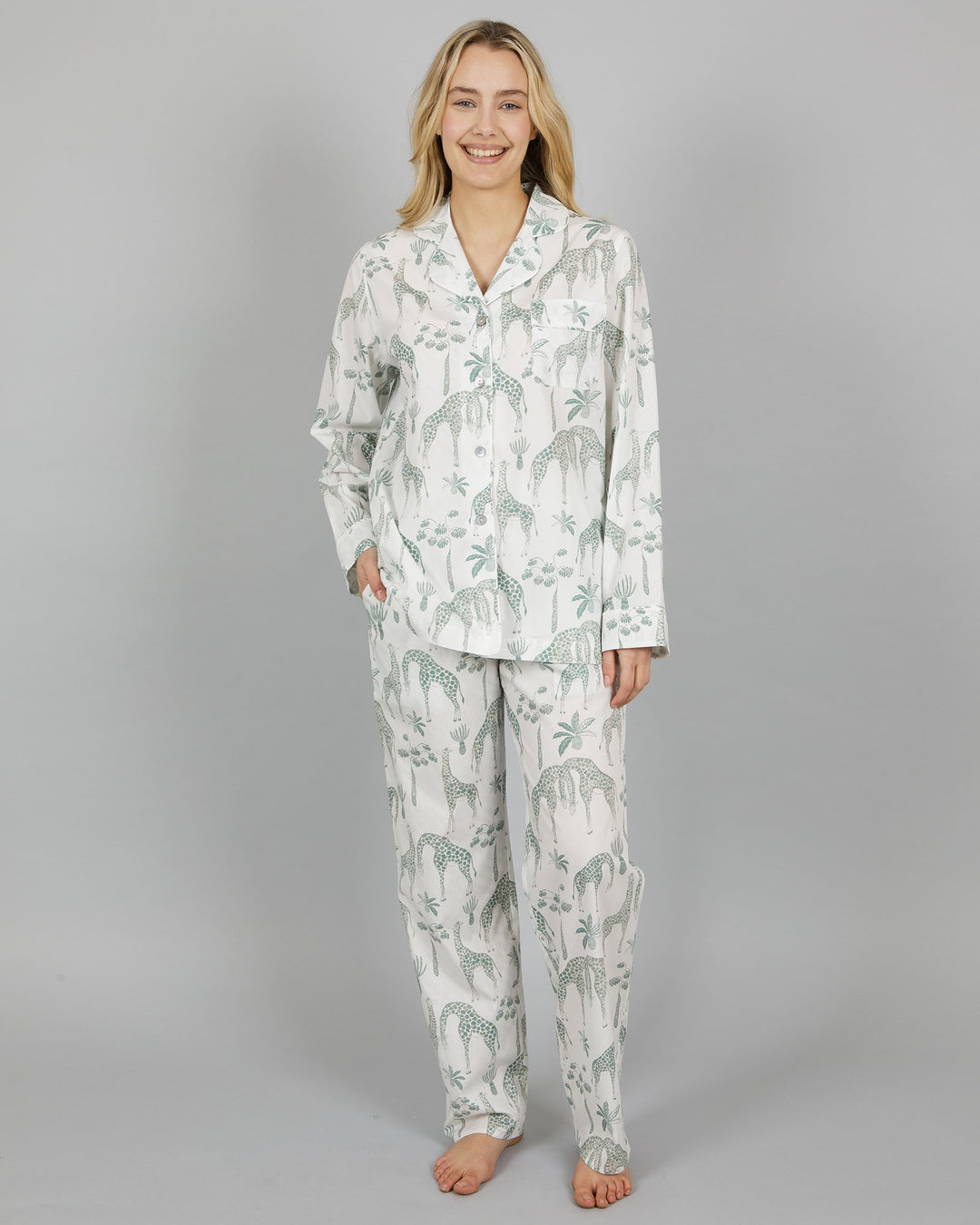 Womens Long Pyjamas - Giraffes Green