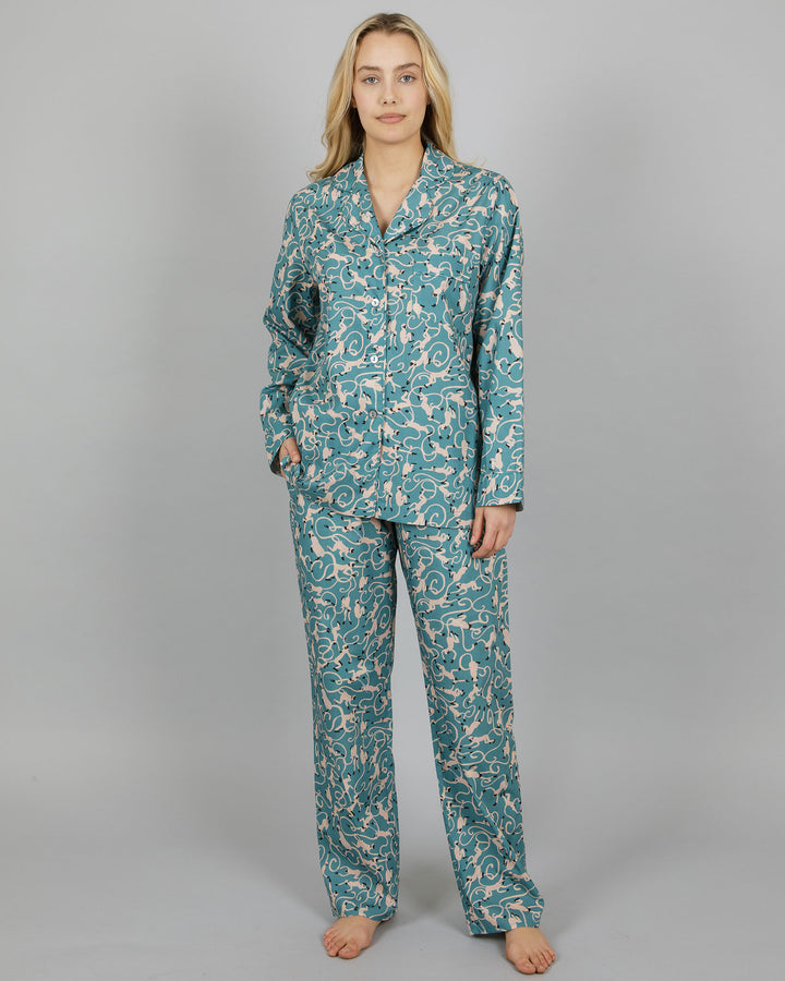 Womens Long Pyjamas - Small Monkeys in Turquoise Color