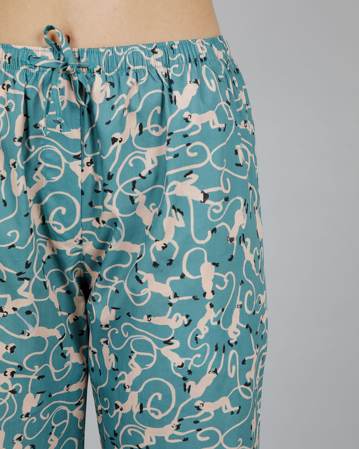 Womens Lounge Pants - Small Monkeys in Turquoise
