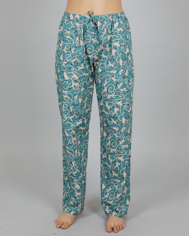 Womens Lounge Pants - Small Monkeys in Turquoise