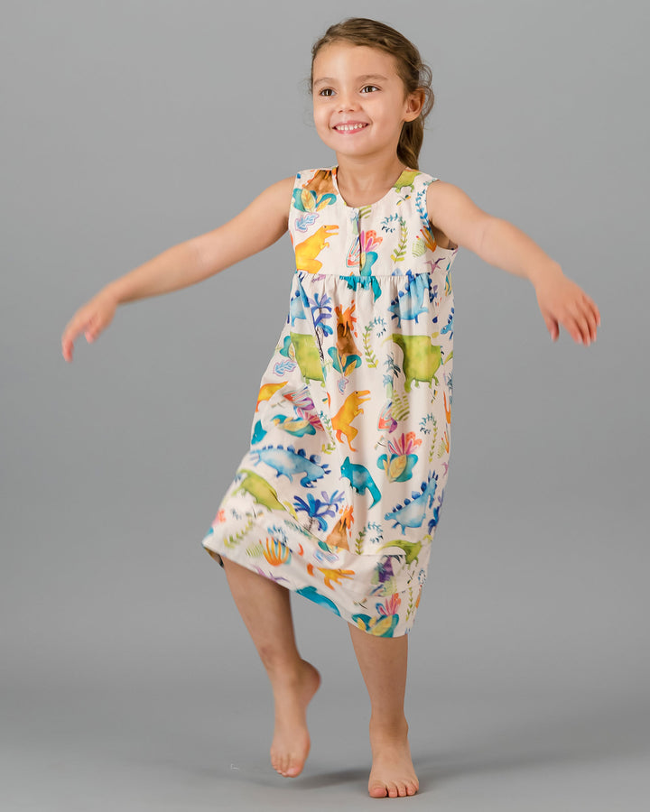 Kids Girls Short Sleeve Nighty Dinosaurs Pink Front - Woodstock Laundry