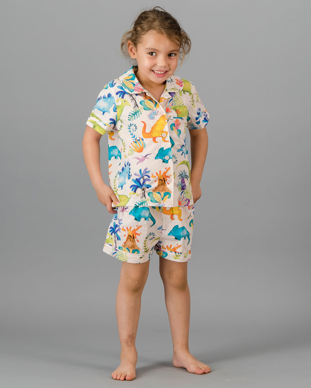 Kids Girls Short Pyjamas Set Dinosaurs Pink Front - Woodstock Laundry