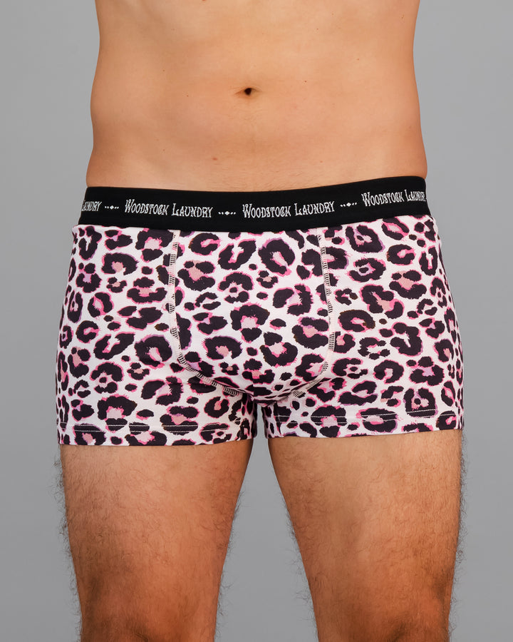 Mens Boxer Briefs -Leopard Skin Pink Front - Woodstock Laundry AE