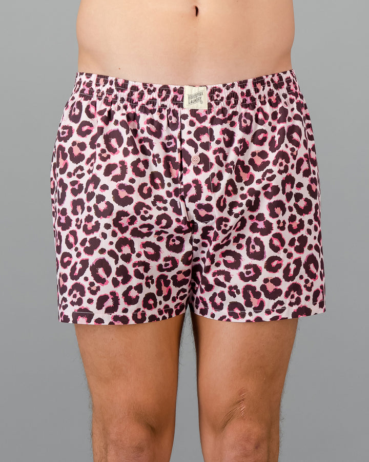 Mens Boxers Shorts Leopard Skin Pink Front - Woodstock Laundry