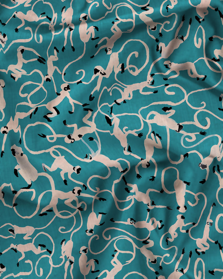 Womens Long Pyjamas - Small Monkeys in Turquoise Color
