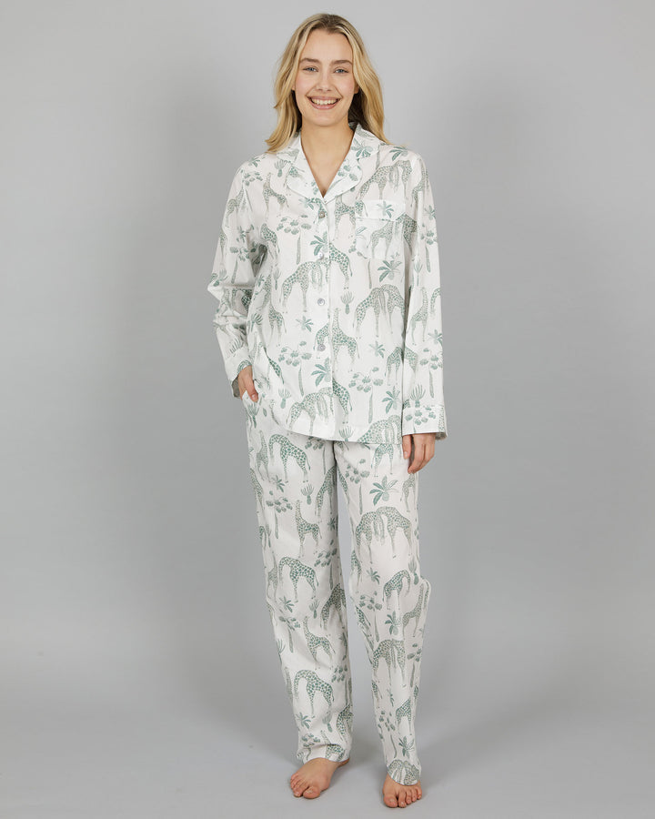 Womens Long Pyjamas - Giraffes Green