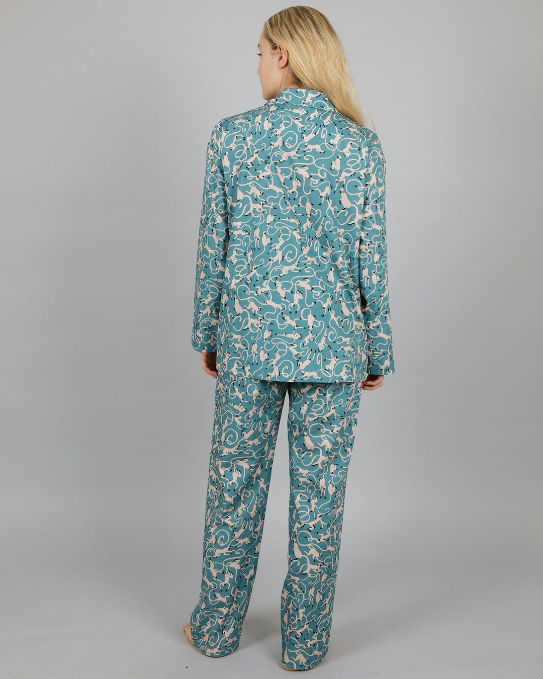 Womens Long Pyjamas - Small Monkeys in Turquoise Color