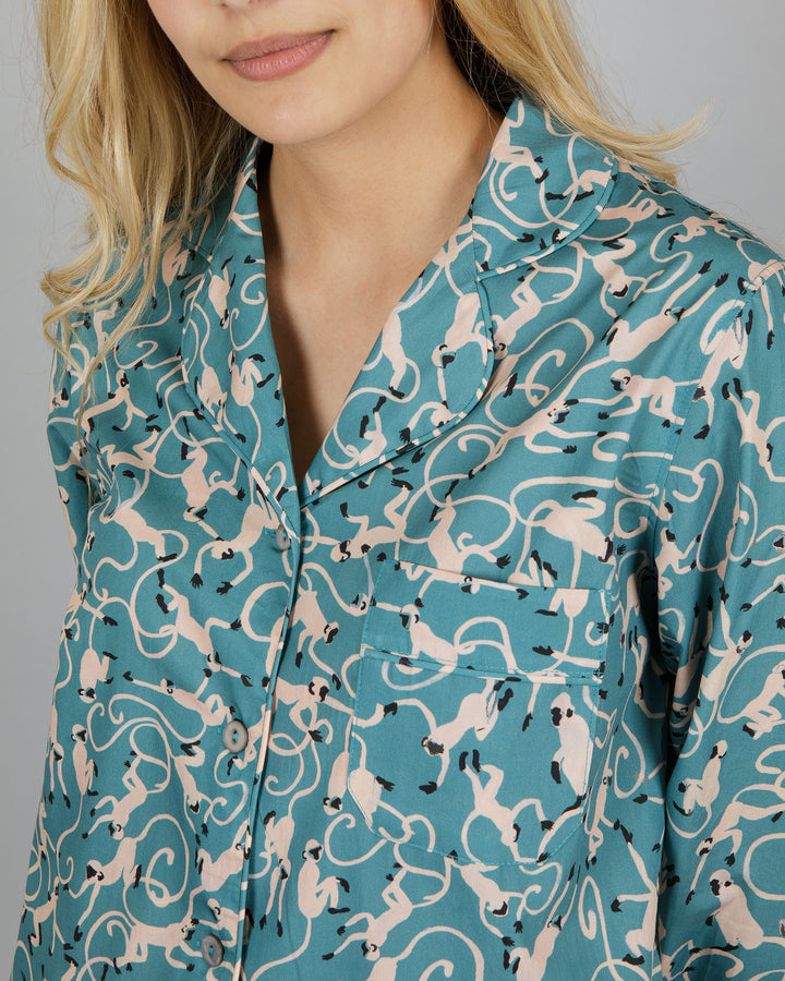 Womens Long Pyjamas - Small Monkeys in Turquoise Color